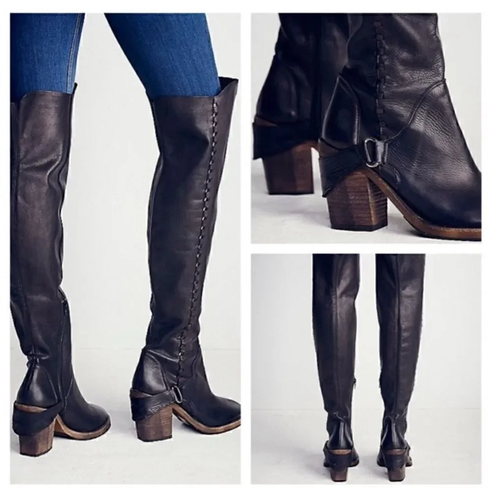 Free People Women’s Auburn Black Leather Over The Knee Whipstitch Detail Boot